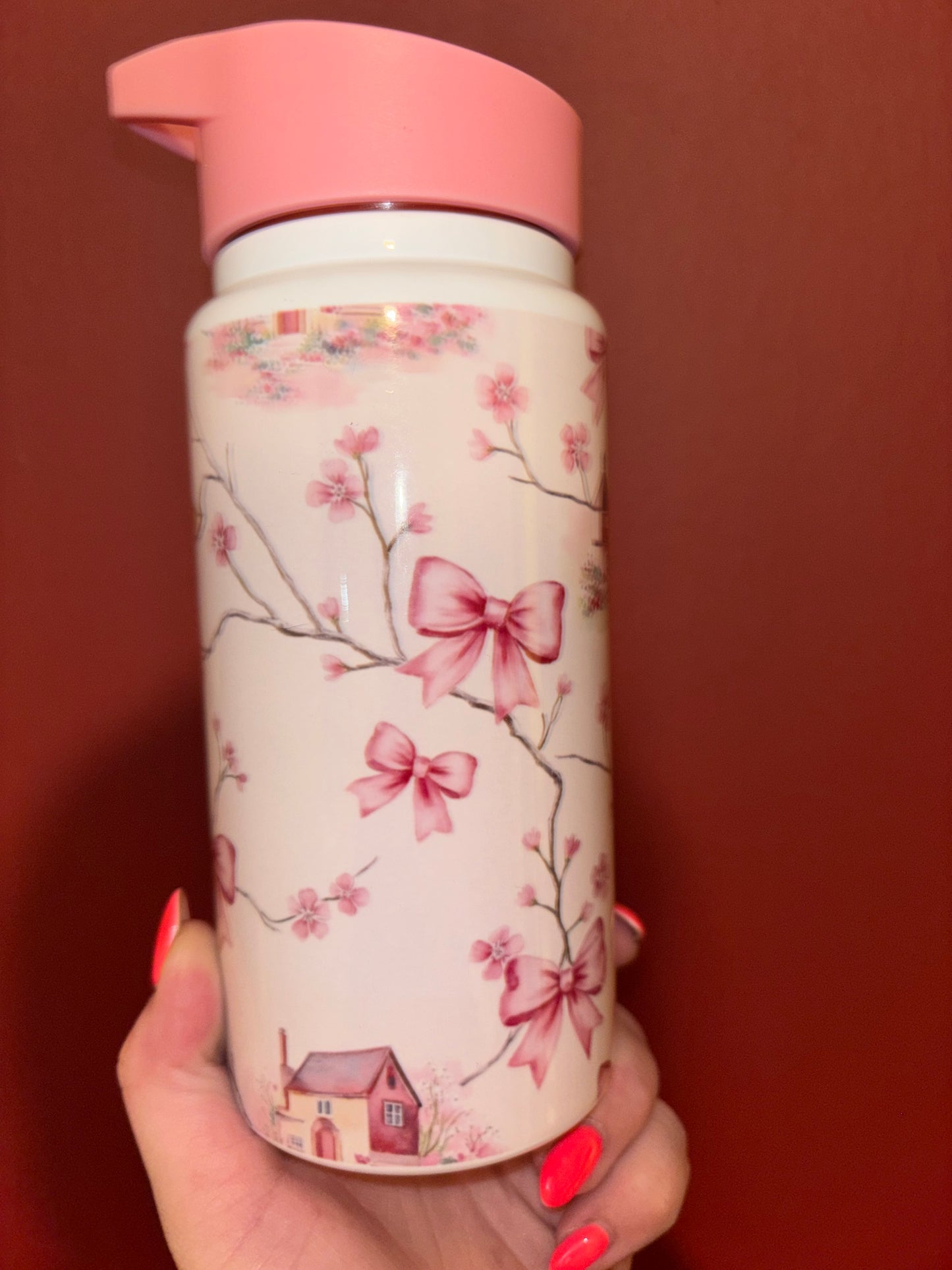 Pink Bow & Houses Water Bottle