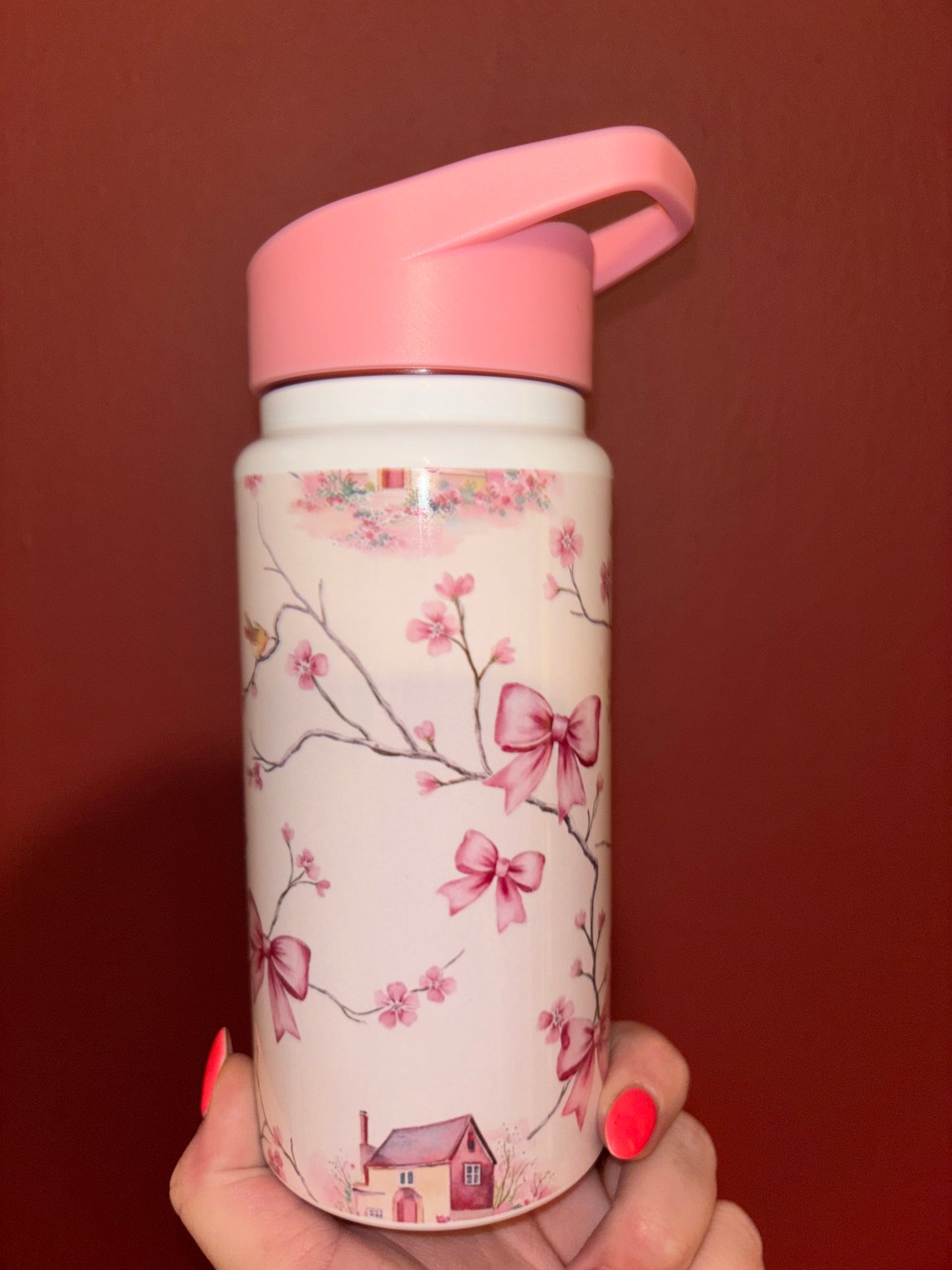 Pink Bow & Houses Water Bottle